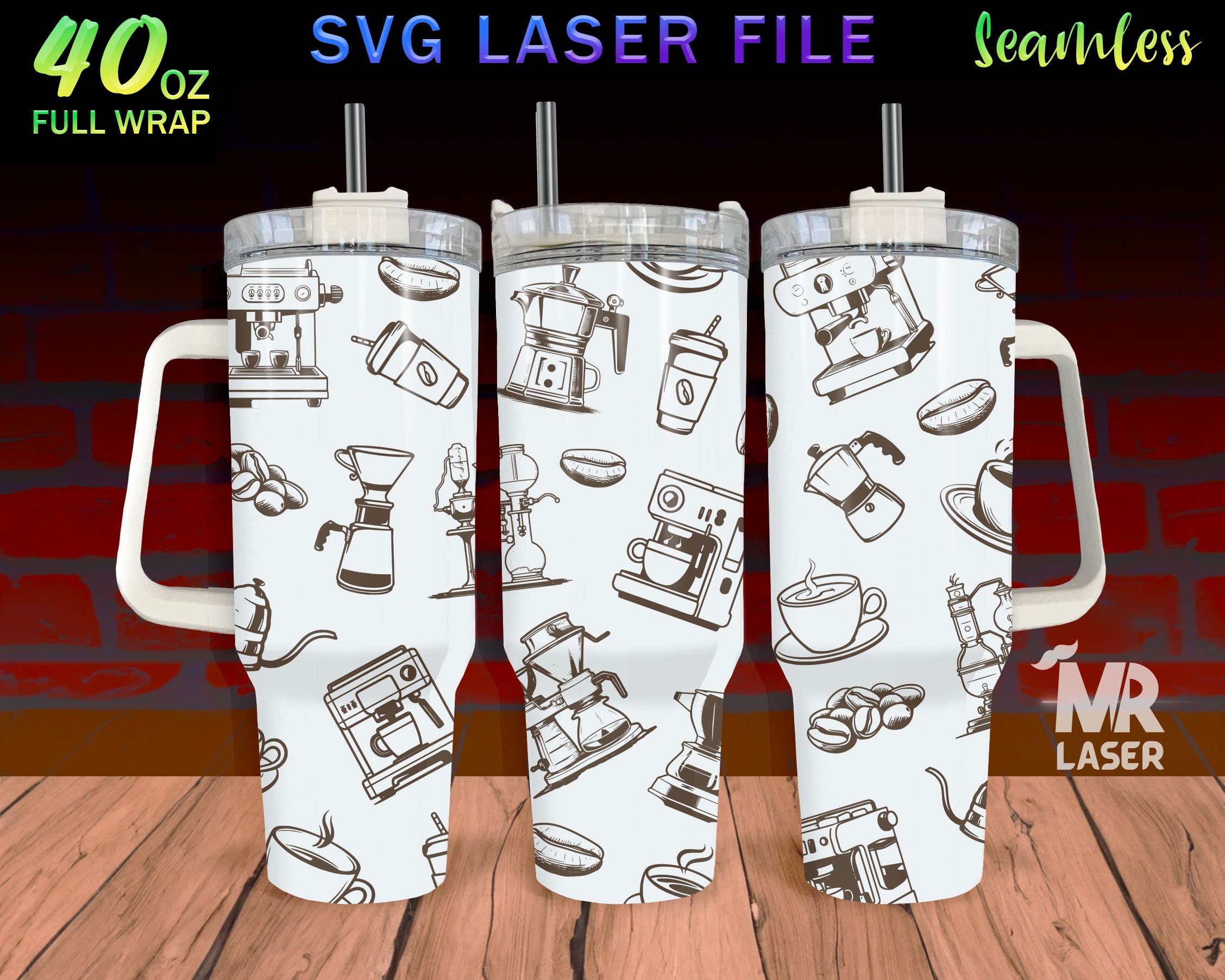 Coffee Laser Engraved full Wrap Design For 40 oz Tumbler, Coffee Doodle SVG Laser File, Tumbler Wrap For Laser Rotary Machine, Seamless
