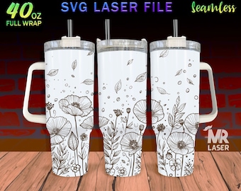 Poppy flower Laser Engraved full Wrap Design For 40 oz Tumbler, poppy SVG Laser File, Tumbler Wrap For Laser Rotary Machine, Seamless