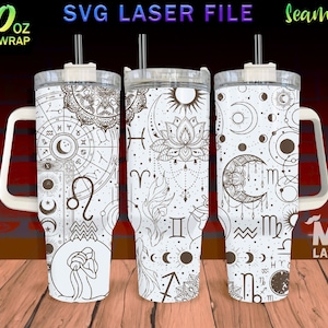 May include: Three 40 oz full wrap tumblers with white handles, lids, and straws. Each tumbler features a different design with astrological symbols and the text "SVG LASER FILE Seamless". The designs include zodiac signs, moons, and floral elements.