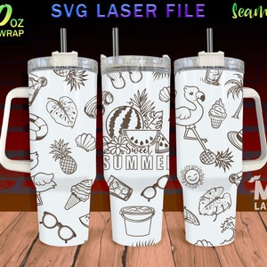 Sommer Laser gravierte Full Wrap Design für 40 oz Becher, Sommer Doodle SVG Laser-Datei, Tumbler Wrap für Laserrotationsmaschine, nahtlos