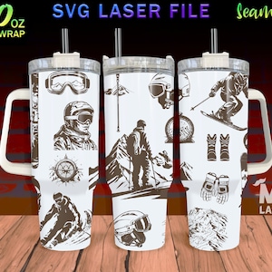 Diseño de envoltura completa grabado con láser de esquí para vaso de 40 oz, archivo láser SVG de esquí, envoltura de vaso para máquina rotativa láser, sin costuras