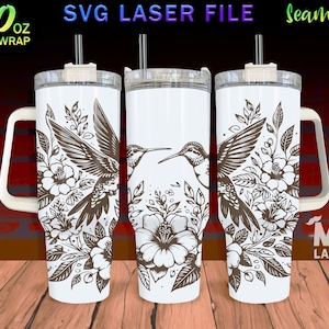 Hummingbird v2 Laser Engraved full Wrap Design For 40oz Tumbler, Bird SVG Laser, Flower Tumbler Wrap For Laser Rotary Machine, Seamless