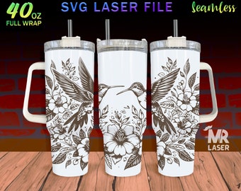 Hummingbird v2 Laser Engraved full Wrap Design For 40oz Tumbler, Bird SVG Laser, Flower Tumbler Wrap For Laser Rotary Machine, Seamless