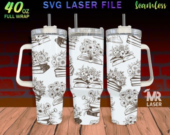 Floral Books Laser Engraved full Wrap Design For 40oz Tumbler, Flower Books SVG Laser File, Floral Tumbler Wrap For Laser Rotary Machine