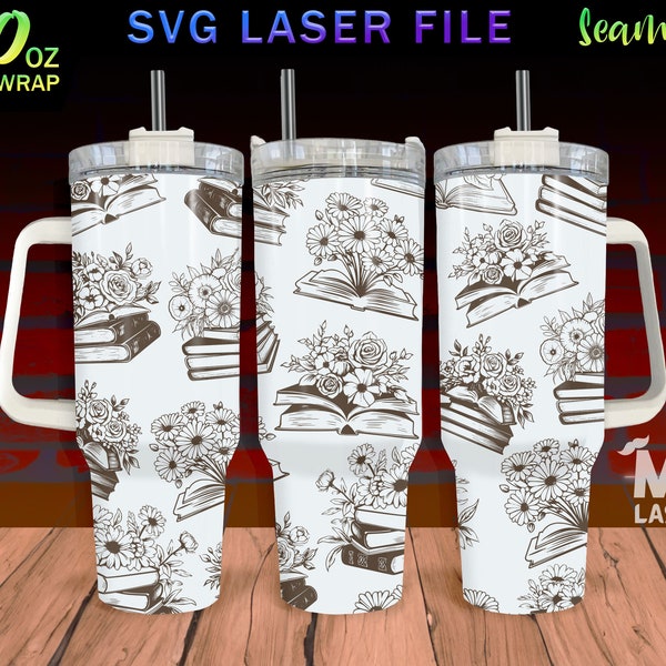 Floral Books Laser Engraved full Wrap Design For 40oz Tumbler, Flower Books SVG Laser File, Floral Tumbler Wrap For Laser Rotary Machine