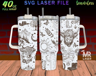 Highland Cow Western Laser Engraved full Wrap Design For 40 oz Tumbler, Highland Heifer Western Tumbler Wrap For Laser Rotary Machine