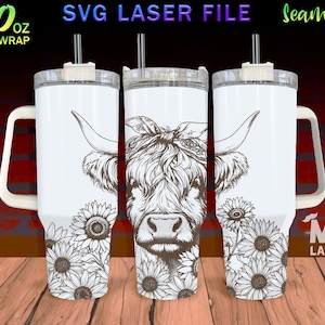 Highland Cow and sunflower Laser Engraved full Wrap Design For 40 oz Tumbler, Highland Cow SVG Laser File, Highland Heifer Tumbler laser