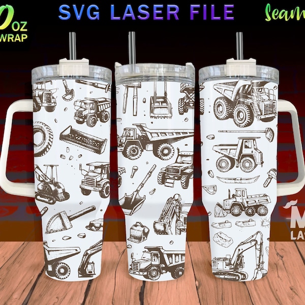 Excavator Laser Engraved full Wrap Design For 40oz Tumbler, excavator SVG Laser File, Tumbler Wrap For Laser Rotary Machine, Seamless