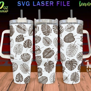 Monstera deja diseño de envoltura completa grabado con láser para vaso de 40 oz, láser Monstera SVG, envoltura de vaso floral para máquina rotativa láser, sin costuras