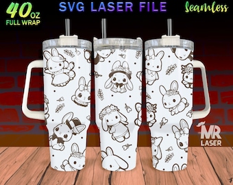 Niedliches Häschen v2 Laser graviertes Full Wrap Design für 40 oz Becher, Tumbler Wrap für Laserrotationsmaschine, süßes Häschen SVG Laserdatei, nahtlos