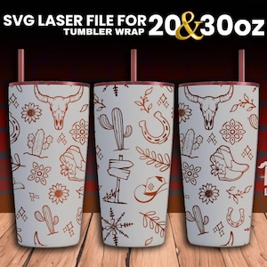 Western Laser Engraved full Wrap Design For 30 and 20 oz Tumbler, Western Doodle SVG Laser File, Tumbler Wrap For Laser Rotary Machine