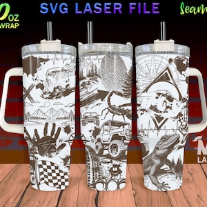 May include: A white 40 ounce tumbler with a black and white graphic design featuring a jeep, mountains, a scorpion, a lizard, and a compass. The tumbler has a handle and a lid with a straw.
