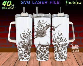 Unicorn Laser Engraved full Wrap Design For 40 oz Tumbler, Unicorn Tumbler Wrap For Laser Rotary Machine, Unicorn SVG Laser File, Seamless