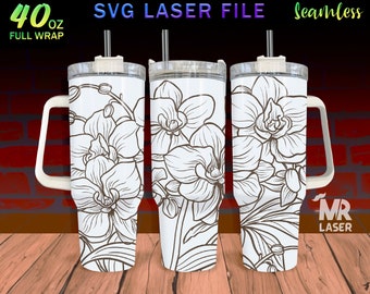 Orchid Laser Engraved full Wrap Design For 40 oz Tumbler, Orchid SVG Laser File, Tumbler Wrap For Laser Rotary Machine, Seamless