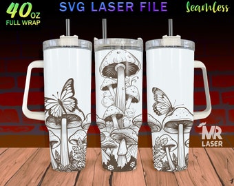 Mushroom Laser Engraved full Wrap Design For 40oz Tumbler, Mushroom SVG Laser File, plant Tumbler Wrap For Laser Rotary Machine, Seamless