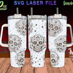Diseño de envoltura completa grabado con láser de calavera de azúcar para vaso de 40 oz, archivo láser SVG de calavera de azúcar, envoltura de vaso para máquina rotativa láser, sin costuras