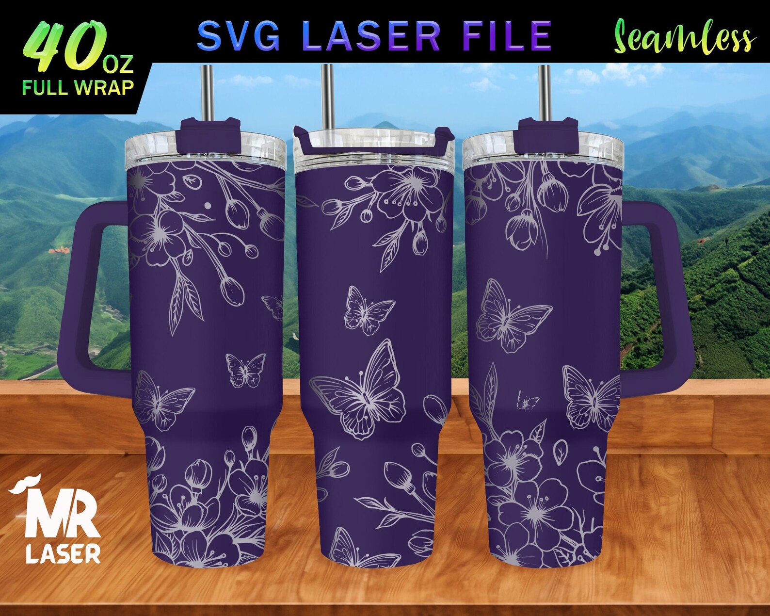 Cherry Blossom With Butterfly Engraved Full Wrap Design for 40oz ...