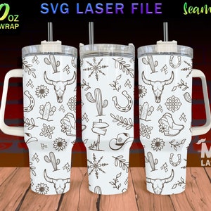 Western Laser Engraved full Wrap Design For 40 oz Tumbler, Western Doodle SVG Laser File, Tumbler Wrap For Laser Rotary Machine, Seamless