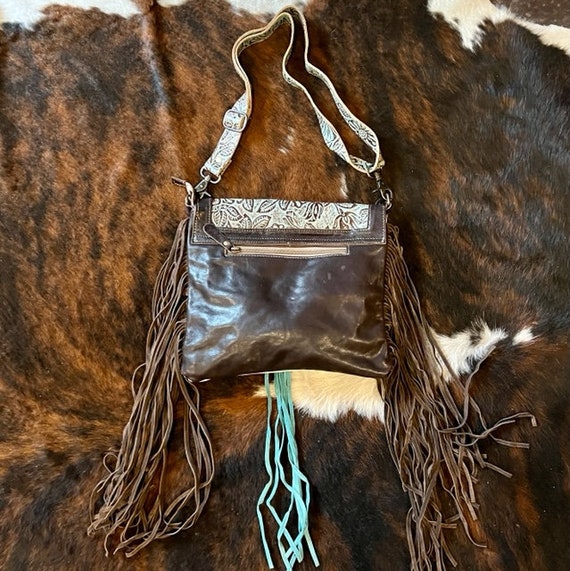 Myra Bag Genuine Hand tooled Leather and Hairon Cowhide Crossbody