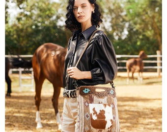 Myra Bag Genuine Leather Cowhide Shoulder Crossbody Handbags.  Azure blossoms Hand-Tooled Shoulder Bags 3369