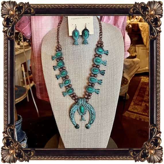 Fashion Jewelry Silver Tone/Turquoise Beaded Squash Blossom Necklace Set 