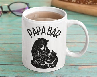 Papa Bär Tasse personalisierbar mit Kindernamen und Geburtsdatum, individuelles Geschenk zur Geburt für Vater, Kollege Büro, Kaffeetasse
