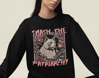 Katzen Sweater mit feministischem Statement, Smash the patriarchy Pullover, Feminismus Geschenk Idee für Katzenliebhaberin, Gender Equality