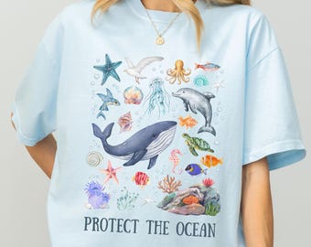 Protect the Ocean T-Shirt mit Meeresbewohnern im Aquarell-Stil, Sommer Surf Outfit Damen Herren Unisex, Oceancore, Earth Day, Umweltschutz