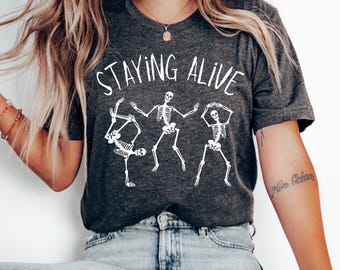 Halloween Shirt mit tanzenden Skeletten, Disco Club Outfit, Funky Halloween Kleidung, gruselige Gothic Mode, Party Skelette