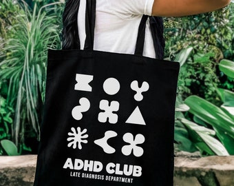 ADHD Late Diagnosis Club Jutebeutel, Neurodiversität Statement Tragetasche, ADHS Accessoires, abstraktes, minimalistisches Design, Geschenk