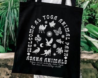 Yoga Jutebeutel mit Asana Illustrationen, Geschenk für Yogi Freundin Yoga Lehrerin, Linocut Design Tiere Einkaufstasche nachhaltig Boho Vibe