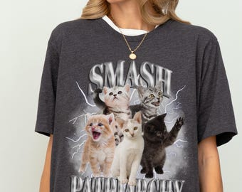 Lustiges Katzen Shirt mit Blitzen und feministischem Statement, Smash Patriarchy T-Shirt, Humorvolle  Geschenk Idee für Katzenliebhaberin