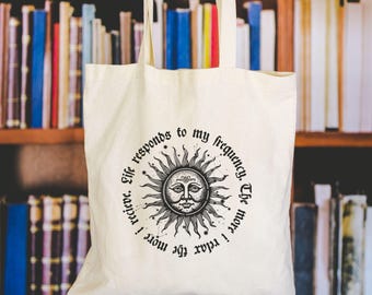 Jute mit Sonnenmotiv und inspirierender Botschaft, nachhaltiger Einkaufsbeutel für Astrologie Fans, Mittelalter Vibes, Spiritualität Beutel