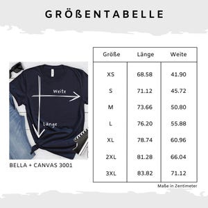 Puede incluir: Tabla de tallas para una camiseta Bella + Canvas 3001, que muestra las medidas en cent&iacute;metros para las tallas XS, S, M, L, XL, 2XL y 3XL. La tabla muestra la longitud y el ancho de la camiseta.