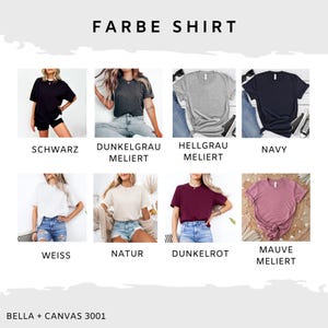 Puede incluir: Un collage de 10 camisetas de diferentes colores, incluyendo negro, gris oscuro, gris claro, azul marino, blanco, natural, burdeos y malva. El texto "FARBE SHIRT" est&aacute; en la parte superior de la imagen. El texto "BELLA + CANVAS 3001" est&aacute; en la parte inferior de la imagen.