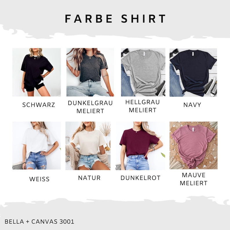 Puede incluir: Un collage de 10 camisetas de diferentes colores, incluyendo negro, gris oscuro, gris claro, azul marino, blanco, natural, burdeos y malva. El texto "FARBE SHIRT" est&aacute; en la parte superior de la imagen. El texto "BELLA + CANVAS 3001" est&aacute; en la parte inferior de la imagen.