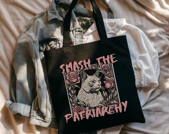 Smash the patriarchy Katzen Stofftasche, feministischer Jutebeutel Baumwolltasche Geschenk, vintage feminist crazy cat lady Einkaufsbeutel