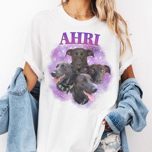 Buntes Personalisierbares Tier Shirt für Hunde oder Katzenliebhaber. Oben steht der Name des Tieres, darunter eine Foto Collage mit Fotos vor einem Galaxy Hintergrund.