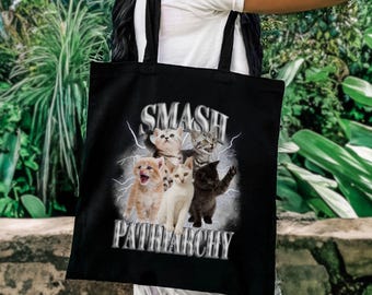Fetziger Smash Patriarchy Kitten Jutebeutel im 80s Bootleg Rap Stil, trashy Statement Einkaufsbeutel, humorvolles Geschenk für Feministin