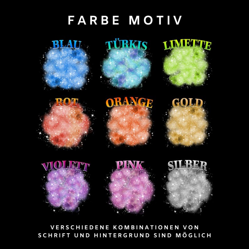 Puede incluir: Un gr&aacute;fico que muestra nueve opciones de color diferentes para el texto y el fondo. Los colores son azul, turquesa, lima, rojo, naranja, dorado, violeta, rosa y plateado. El texto "FARBE MOTIV" est&aacute; en la parte superior del gr&aacute;fico. El texto "VERSCHIEDENE KOMBINATIONEN VON SCHRIFT UND HINTERGRUND SIND M&Ouml;GLICH" est&aacute; en la parte inferior del gr&aacute;fico.