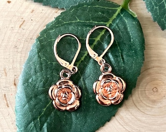 Rose gold rose earrings, dainty rose earrings, small rose earrings, rose gold flower earrings, dangle rose earrings, floral earrings