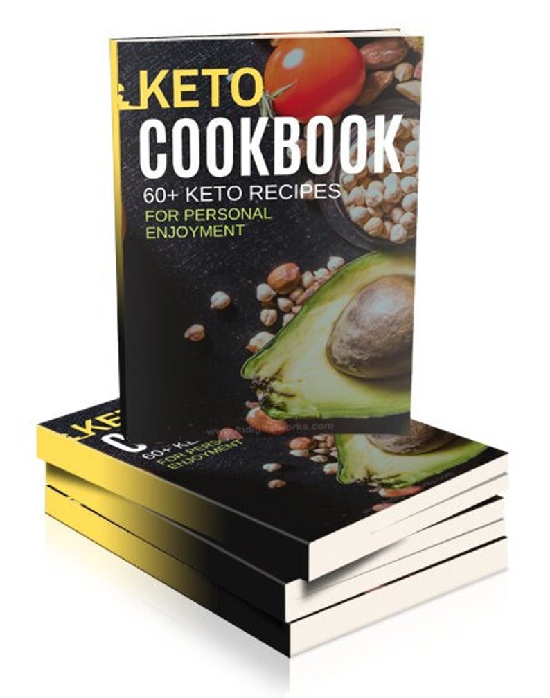 May include: A stack of black and yellow cookbooks with the title "KETO COOKBOOK" and the text "60+ KETO RECIPES FOR PERSONAL ENJOYMENT". The cover features a close-up of avocado, tomato, and nuts.