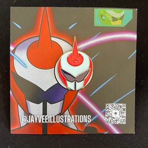 May include: A red, white, and blue enamel pin featuring a stylized helmet with a single point on top. The pin is on a black background with a white and purple design. The text "@JAYVEEILLUSTRATIONS" is at the bottom of the image.