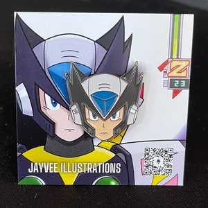 May include: A black and white enamel pin featuring a cartoon character with a blue visor and a black helmet. The pin is set against a white background with a cartoon character in the background. The text "JAYVEE ILLUSTRATIONS" is printed below the pin.