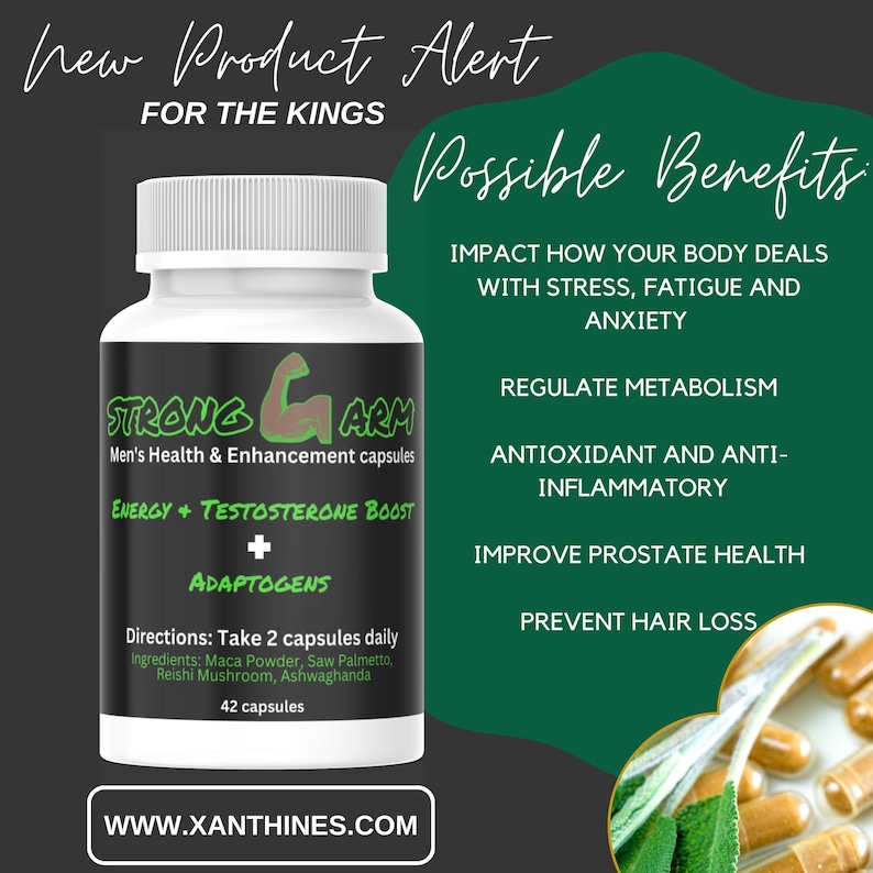 May include: A white bottle of "STRONG ARM" capsules for men's health and enhancement. The label includes text about energy, testosterone boost, and adaptogens. The bottle is against a dark background with text that reads "New Product Alert" and "Possible Benefits".