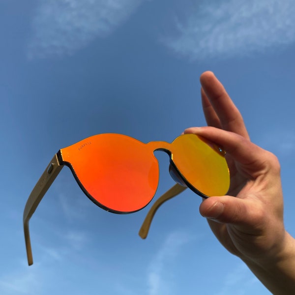 Purpyle Fire Red 312M-5 Round Mirrored Classic Sunglasses Flat lens Women's Handmade Bamboo Wood UV400 100% UV protection Frameless Branded