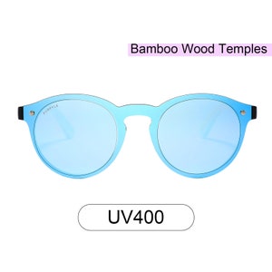 Purpyle 319M-4 Round Mirrored Blue Flash Sunglasses Flat lens Men's Women's Handmade Bamboo Wood UV400 100% UV protection Frameless Shiny