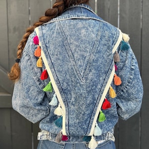 Custom Embellished Jean Jacket, Funky Boho Jacket, Custom Upcycled Jean Jacket, Jean Jacket with Rainbow Tassels, Rainbow Fringe Jacket