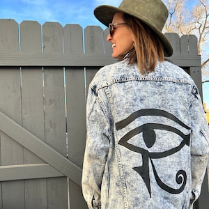 Eye of Horus Custom Painted Jean Jacket, Eye of Ra Jacket, All Seeing Eye Custom Jacket, Pineal Gland symbol, Custom Hand-Painted Jacket