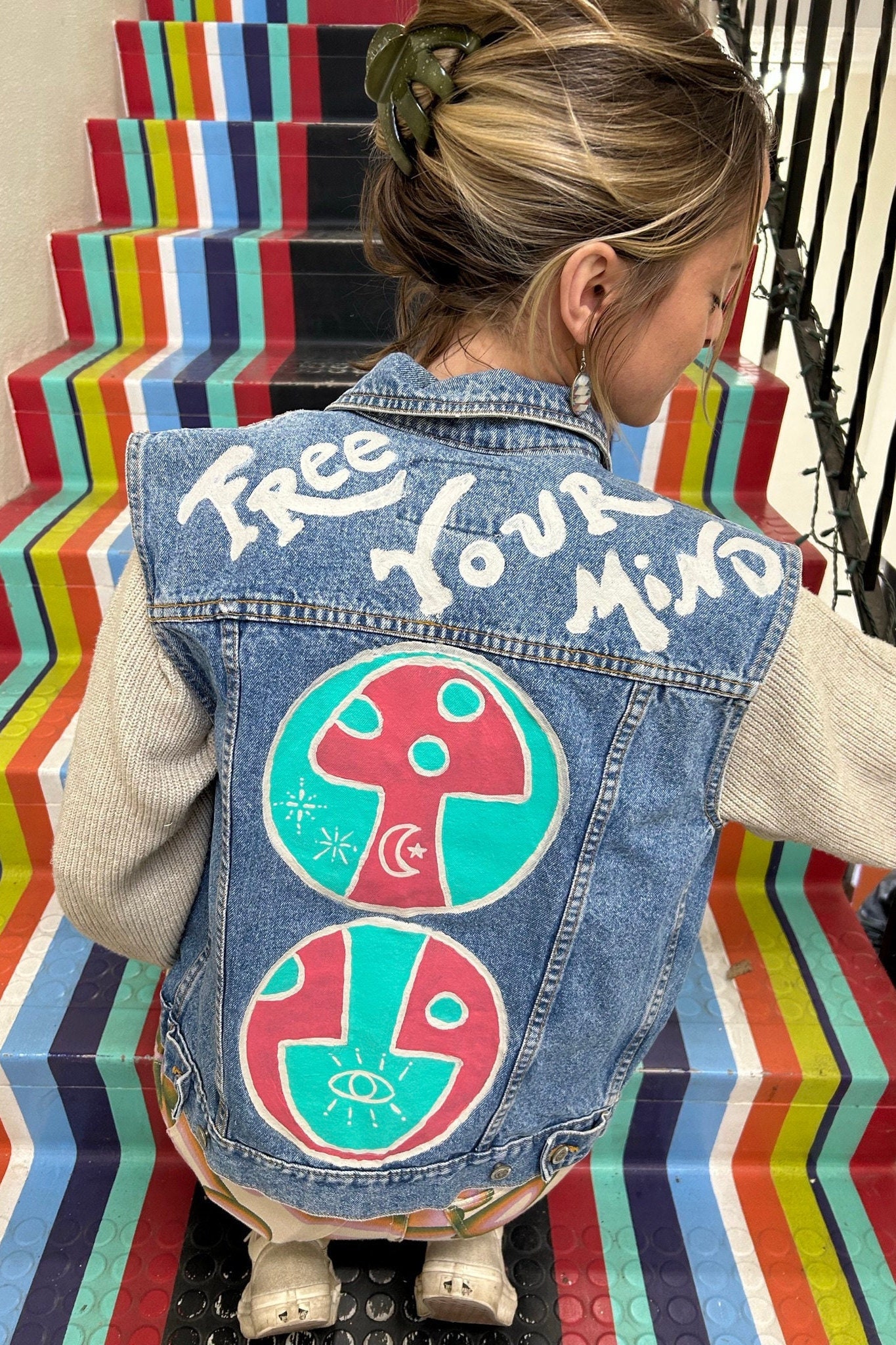 Free You Mind Mushroom Vest, Mushroom Denim Vest, Hand Painted Jean ...